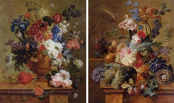 Still Life Of Flowers And Fruits On A Marble Ledge Oil Painting by Paul Theodor van Bruessel