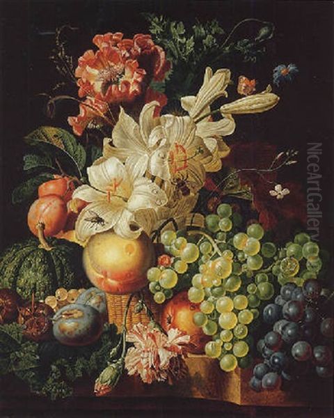 Lilies, Carnations And A Poppy In A Basket With Grapes, Plums, Gooseberries, A Melon And Other Fruit On A Stone Ledge Oil Painting by Paul Theodor van Bruessel