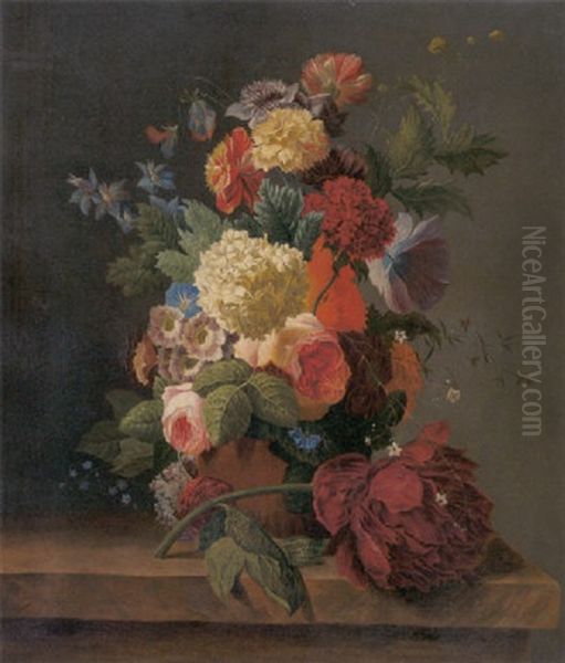 Bunter Blumenstraus Mit Rosen, Hortensien, Nelken, Tulpen Und Akelei by Paul Theodor van Bruessel