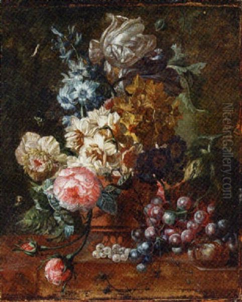 Roses, Tulips, A Hyacinth And Other Flowers In A Terracotta Vase With A Melon, Grapes And Plums On A Marble Ledge Oil Painting by Paul Theodor van Bruessel