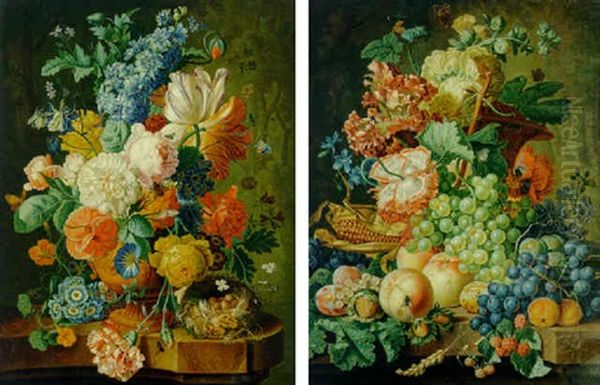 Tulips, Hollyhocks, Poppies, Carnations And Other Flowers In An Urn, With A Tortoiseshell Butterfuly, Corn And Nuts On A Ledge Oil Painting by Paul Theodor van Bruessel