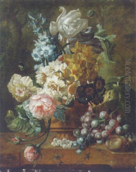 Roses, Tulips, A Hyacinth And Other Flowers In A Vase With A Melon, Grapes And Plums On A Marble Ledge Oil Painting by Paul Theodor van Bruessel