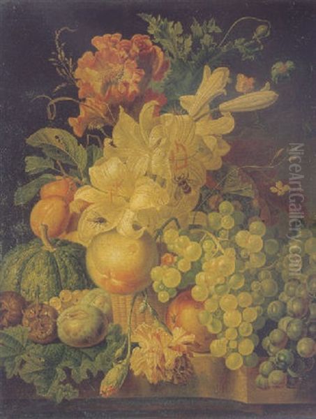 Lilies, Carnations, A Poppy, A Twig Of Plums And A Peach In A Basket, With Other Fruit On A Marble Ledge Oil Painting by Paul Theodor van Bruessel