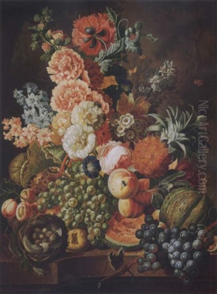 Elaborate Still Life Of Flowers, Peaches, Grapes, Melons, A Pineapple, A Bird's Nest And Insects On A Marble Ledge With A Landscape Beyond Oil Painting by Paul Theodor van Bruessel