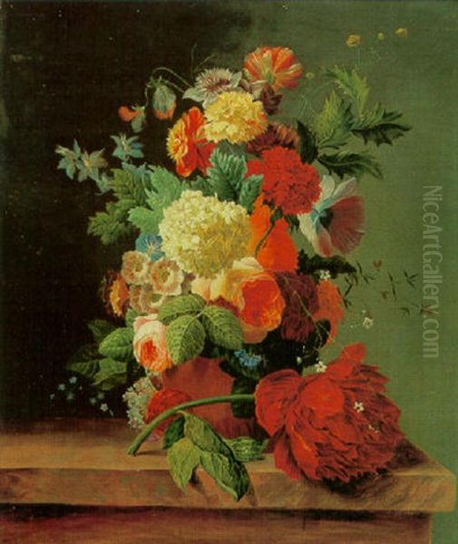 Blumenstilleben Mit Rosen, Schneeballen, Nelken Und Anderen Bluten In Bauchiger Vase Auf Einer Steintischplatte Oil Painting by Paul Theodor van Bruessel