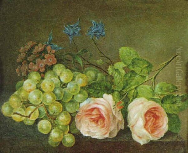 Weintrauben, Rosen Und Andere Blumen Auf Einemn Tisch Oil Painting by Paul Theodor van Bruessel