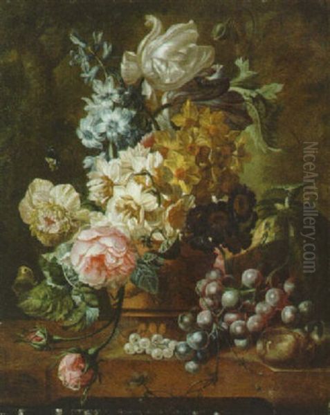 Roses, Tulips, And Other Flowers In A Vase With Fruit On A Marble Ledge Oil Painting by Paul Theodor van Bruessel