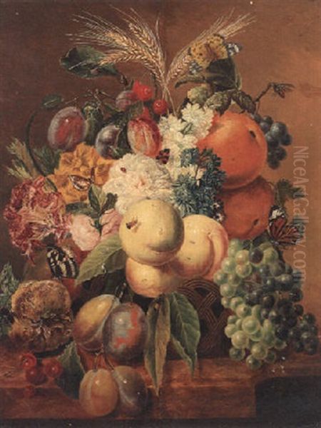 Plums, Peaches, Oranges, Grapes, Cherries, Ears Of Corn, Flowers, With Butterflies And Insects In A Basket On A Ledge Oil Painting by Paul Theodor van Bruessel