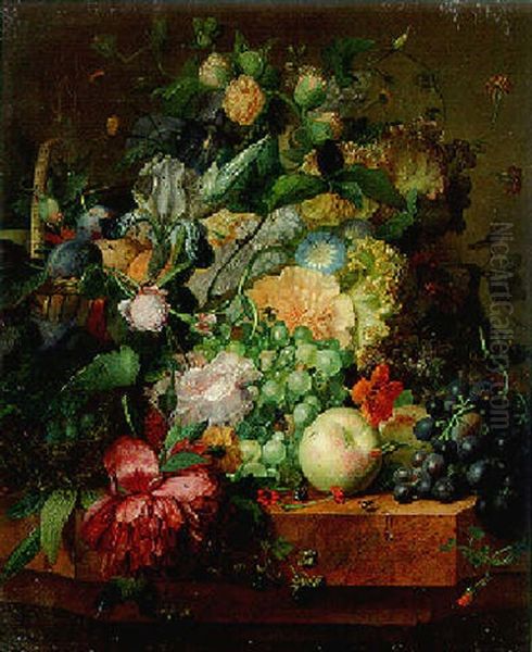 Irises, Roses, And Other Flowers With Apples, Grapes And Other Fruit On A Marble Ledge Oil Painting by Paul Theodor van Bruessel