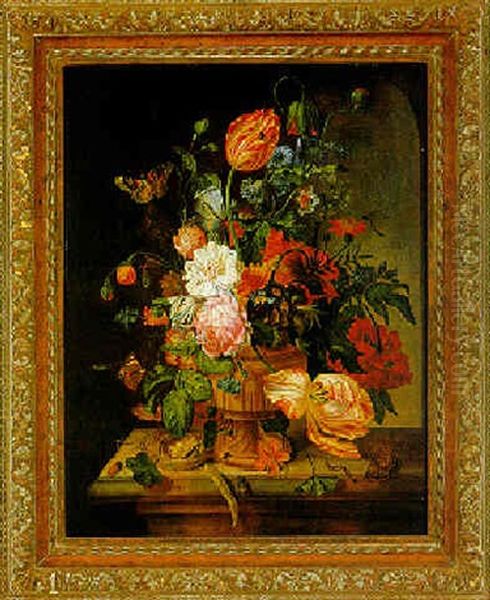 Blumenstraus Mit Schmetterlingen Und Andere Insekten In Einer Empirevase Oil Painting by Paul Theodor van Bruessel