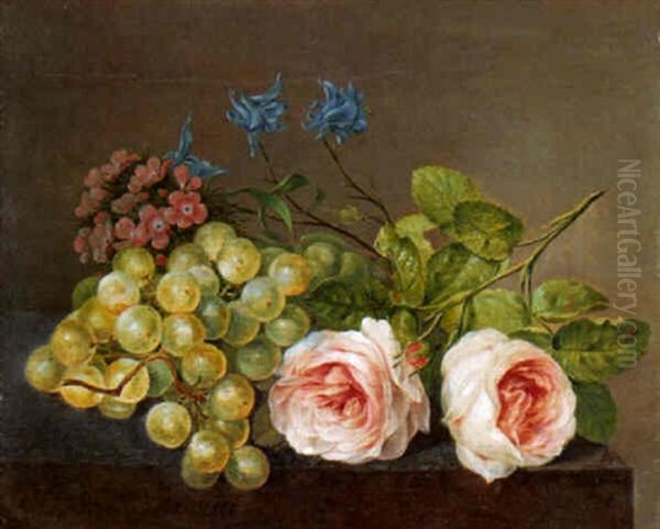 Grapes, Roses, Columbine And Othe Flowers On A Marble Ledge Oil Painting by Paul Theodor van Bruessel