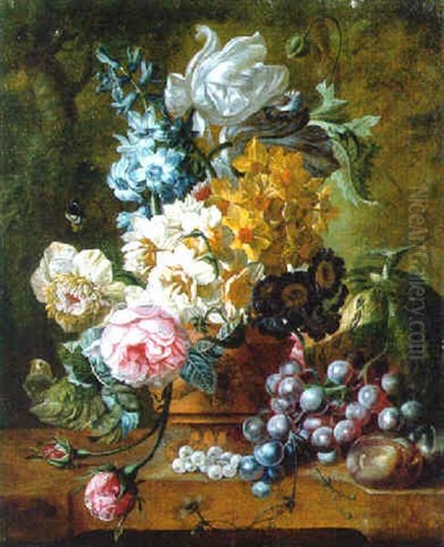 Roses, Tulips And Other Flowers In A Terracotta Vase With Fruit On A Marble Ledge Oil Painting by Paul Theodor van Bruessel