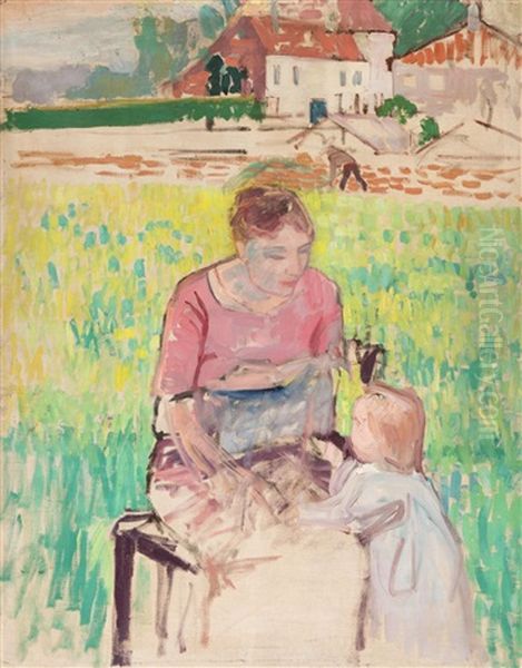 Mother And Child In The Garden (1915) Oil Painting by Jean Brusselmans