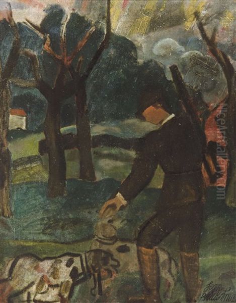 A Hunter With His Dog (1922) Oil Painting by Jean Brusselmans