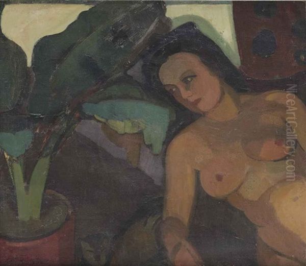 Seated Nude With Cat Oil Painting by Jean Brusselmans