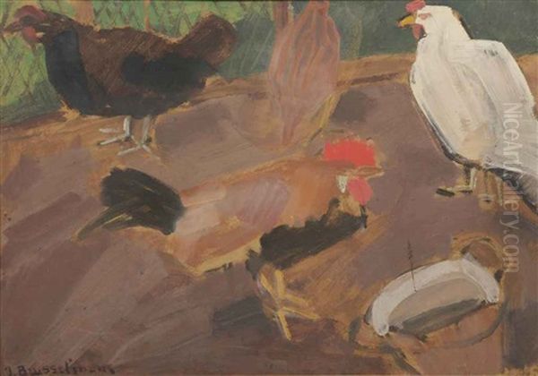 Rooster And Chicken Oil Painting by Jean Brusselmans