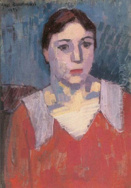 Jonge Vrouw In Rood Kleed Oil Painting by Jean Brusselmans