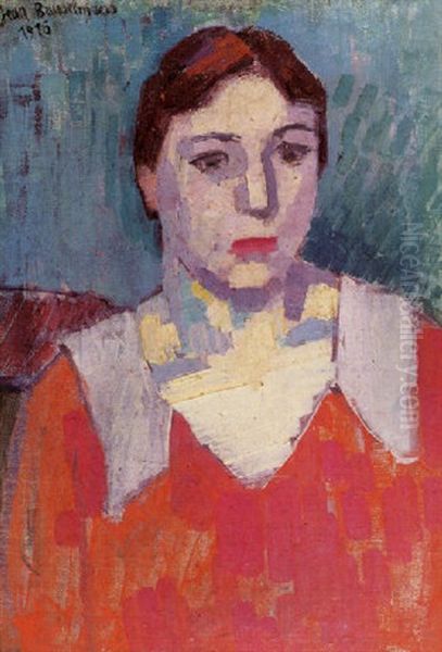 Jonge Vrouw In Rood Kleed Oil Painting by Jean Brusselmans