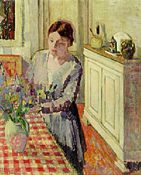 A Young Woman In An Interior Oil Painting by Jean Brusselmans