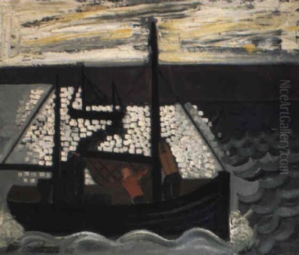 La Barque De Peche Noire - Zwarte Vissersboot Oil Painting by Jean Brusselmans