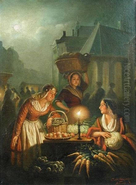 Fruit Stall At A Market By Candelight, Antwerp Oil Painting by Constant De Bruycker