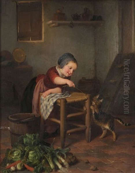 Interieur De Cuisine Anime D'une Fille Au Chat Oil Painting by Francois Antoine de Bruycker