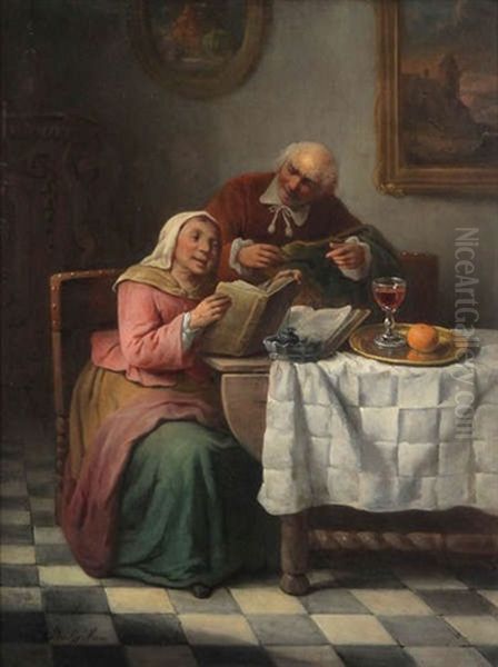 Interieur De Cuisine Anime D'une Fille Et Chat Oil Painting by Francois Antoine de Bruycker