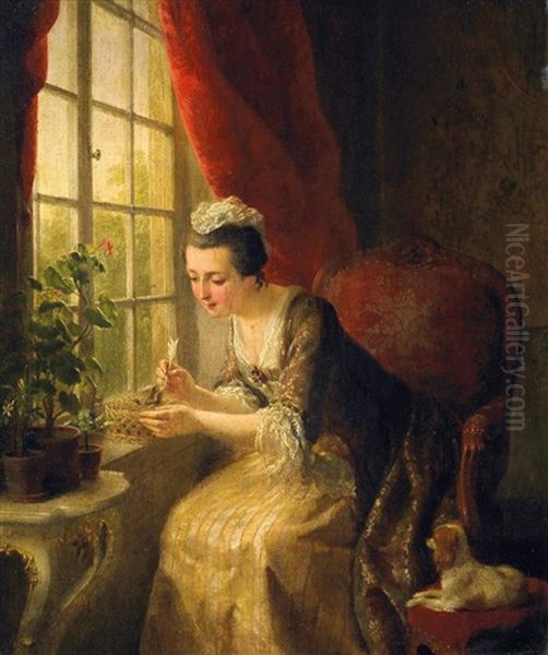 Die Mahlzeit. Eine Elegante Dame Im Salon, Kuken In Einem Neste Futternd Oil Painting by Francois Antoine de Bruycker