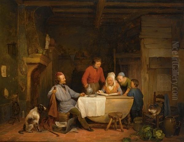 A Family In A Kitchen Interior Oil Painting by Francois Antoine de Bruycker