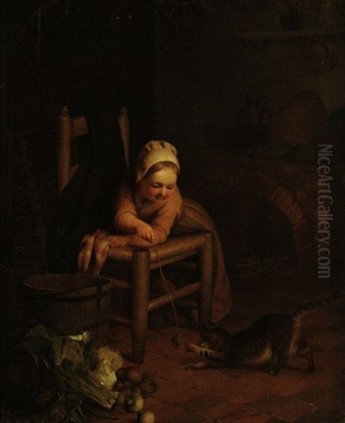 Madchen Mit Katze Spielend Oil Painting by Francois Antoine de Bruycker