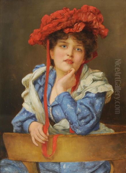 Portrait Of A Young Lady, Wearing A Blue And White Dress And Red Bonnet Oil Painting by Laura Theresa Epps Alma-Tadema