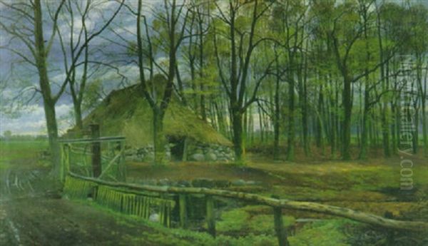 Alter Schafstall In Der Heide Im Ersten Fruhlingsgrun Oil Painting by Richard De Bruycker