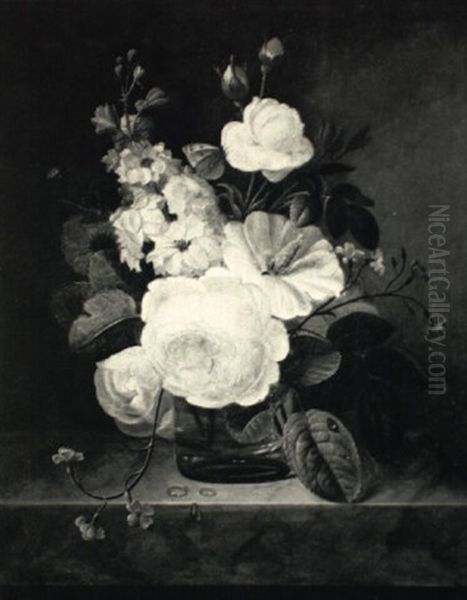 Still Life Of Pink Roses, Hibiscus, Delphinium And Other    Flowers In A Glass On A Marble Ledge by Elise Bruyere