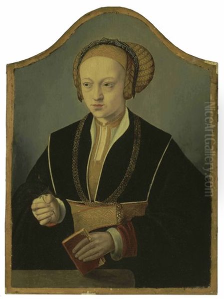 Portrait Of A Lady, Said To Be Princess Sybille Of Cleves, Wearing A Black Costume, Gold Chain And An Elaborate Headdress, Holding A Book And Rose Bud Oil Painting by Bartholomaeus Bruyn the Elder