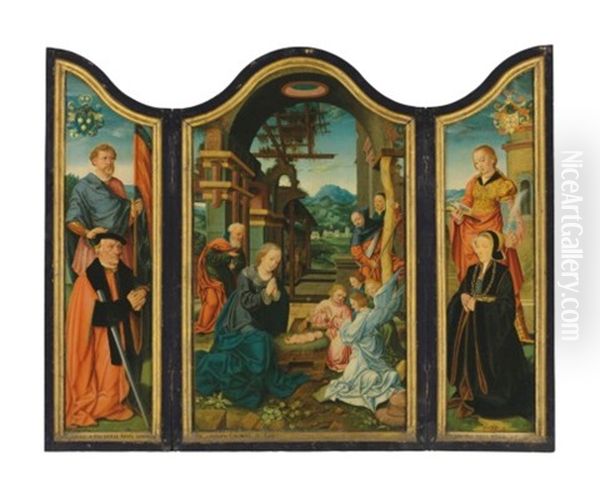 The Brauweiler Triptych: The Central Panel: The Adoration Of Christ; The Left Wing: Saint Gereon With The Donor Arnold Von Brauweiler (1468-1552), Burgermeister Of Cologne, With The Brauweiler Coat-of-arms; The Right Wing: Saint Barbara With The Donor's W Oil Painting by Bartholomaeus Bruyn the Elder