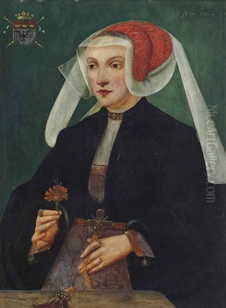 Portrait Of A Lady, Three-quarter-length, In A Black Dress And A Red And White Headdress, A Flower In Her Right Hand Oil Painting by Bartholomaeus Bruyn the Elder