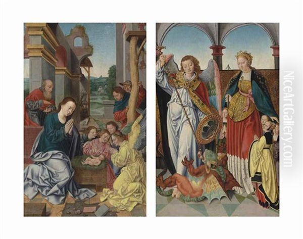 The Adoration Of The Shepherds; Saints Michael And Ursula (2 Works) Oil Painting by Bartholomaeus Bruyn the Elder