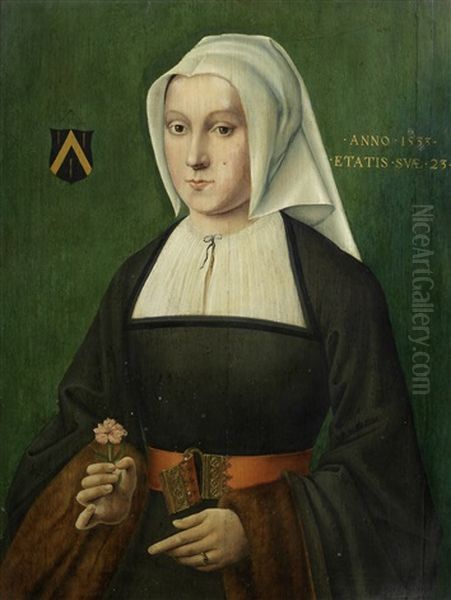 Portrait Of A Lady Of The Chaulnes Family, Half-length, In A Black Dress And White Bonnet, Holding A Carnation Oil Painting by Bartholomaeus Bruyn the Elder