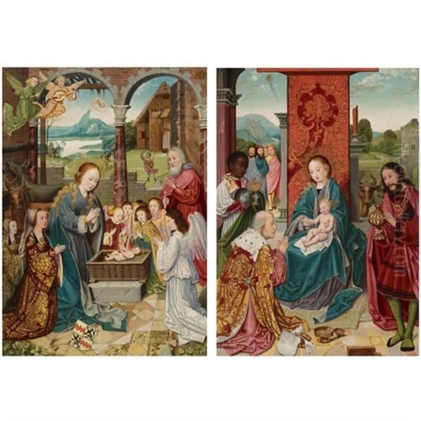 The Nativity With Two Members Of The Manderscheid-blankenheim Family (+ The Adoration Of The Kings; 2 Works) Oil Painting by Bartholomaeus Bruyn the Elder