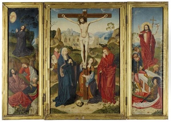 The Crucifixion, Flanked By The Agony In The Garden And The Resurrection, With Scenes From The Passion Beyond (triptych) Oil Painting by Bartholomaeus Bruyn the Elder