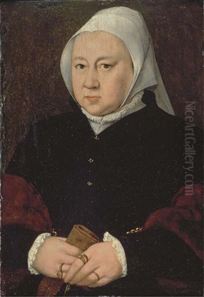 Portrait Of A Lady, Bust-length, In A White Headscarf With A Fur Stole Attached By A Gold Chain, Holding Her Gloves Oil Painting by Bartholomaeus Bruyn the Elder