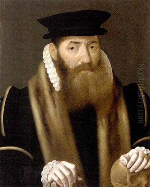 Portrait Of A Gentleman, Bust-length, In A Fur-trimmed Black Coat With White Collar And Cuffs, His Left Hand Resting On A Skull Oil Painting by Bartholomaeus Bruyn the Elder