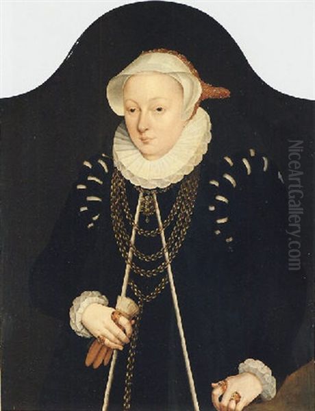 Portrait Of A Lady, Wearing Black, With A Gold Chain And A White Embroidered Head-dress Oil Painting by Bartholomaeus Bruyn the Elder