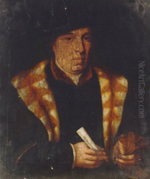 Portrait Of A Gentleman In A Black Fur-trimmed Robe And Black Cap, Holding A Letter In His Right Hand Oil Painting by Bartholomaeus Bruyn the Elder