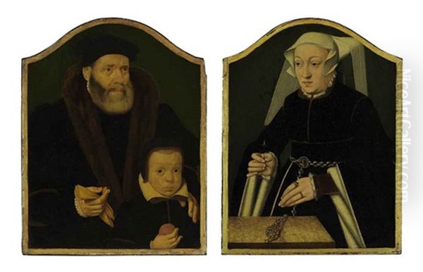 Portrait Of A Gentleman And His Son (+ Portrait Of A Lady; Pair) Oil Painting by Bartholomaeus (Barthel) Bruyn the Younger