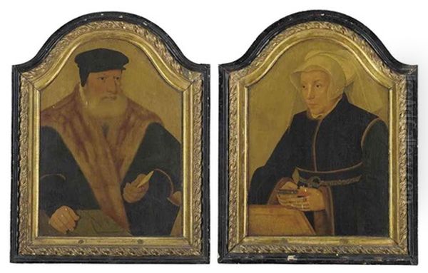 Portrait Of A Bearded Gentleman, In A Black Coat And Cap... (+ Portrait Of A Lady, In A Black Gown And White Wimple, Holding A Book; Pair) Oil Painting by Bartholomaeus (Barthel) Bruyn the Younger