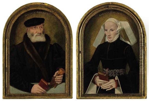 Portrait Of A Gentleman With A Glove And A Book (+ A Portrait Of A Lady Holding A Prayer Book; 2 Works) Oil Painting by Bartholomaeus (Barthel) Bruyn the Younger