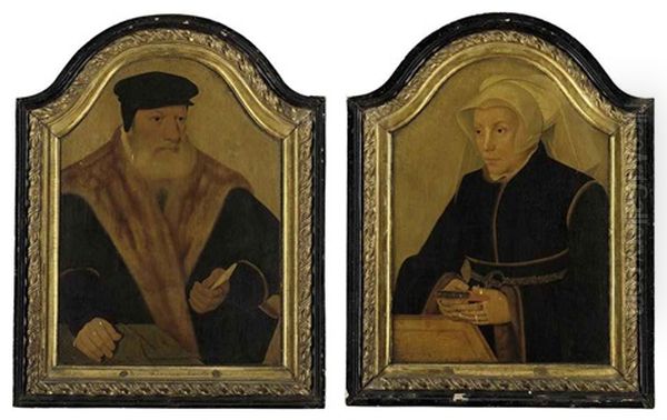 Portrait Of A Bearded Gentleman In A Black Coat And Cap...(+ Portrait Of A Lady In A Black Gown And White Wimple, Holding A Book; Pair) by Bartholomaeus (Barthel) Bruyn the Younger