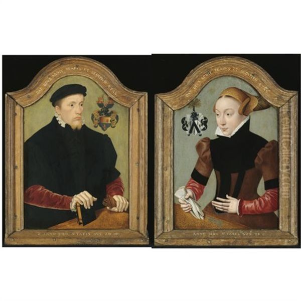 Portrait Of Nicolaus Von Gail, Aged 26, Wearing A Black Doublet With Red Sleeves And Holding A Book And A Pair Of Gloves (+ Portrait Of Sophie Von Wedigh, Aged 21, Wearing A Black And Red Dress; Pair) Oil Painting by Bartholomaeus (Barthel) Bruyn the Younger