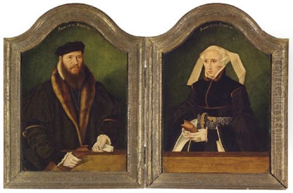 Portrait Of A Gentleman In A Fur-lined Coat And Portrait Of A Lady In A Black Dress And Pearl Encruste (diptych) Oil Painting by Bartholomaeus (Barthel) Bruyn the Younger